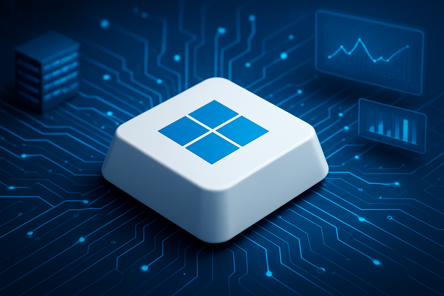 Close-up of a keyboard key with the Windows logo on a circuit board background