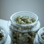 Close-up of jars containing marijuana buds on a table