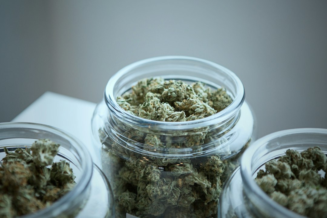 Close-up of jars containing marijuana buds on a table